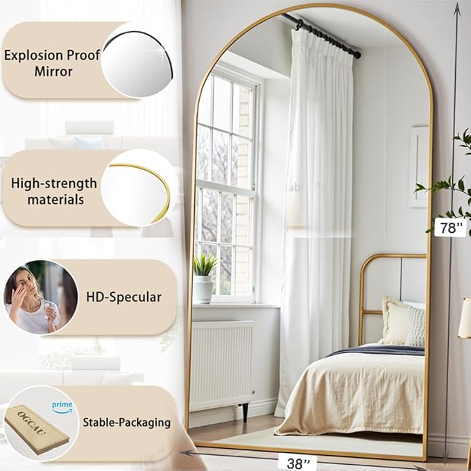 OGCAU Full Length Mirror, 78"x38" Large Full Body Floor Mirror Hanging or Leaning, Standing Mirror, Wall Mounted with Aluminum Frame for Living Room, Bedroom (Gold)