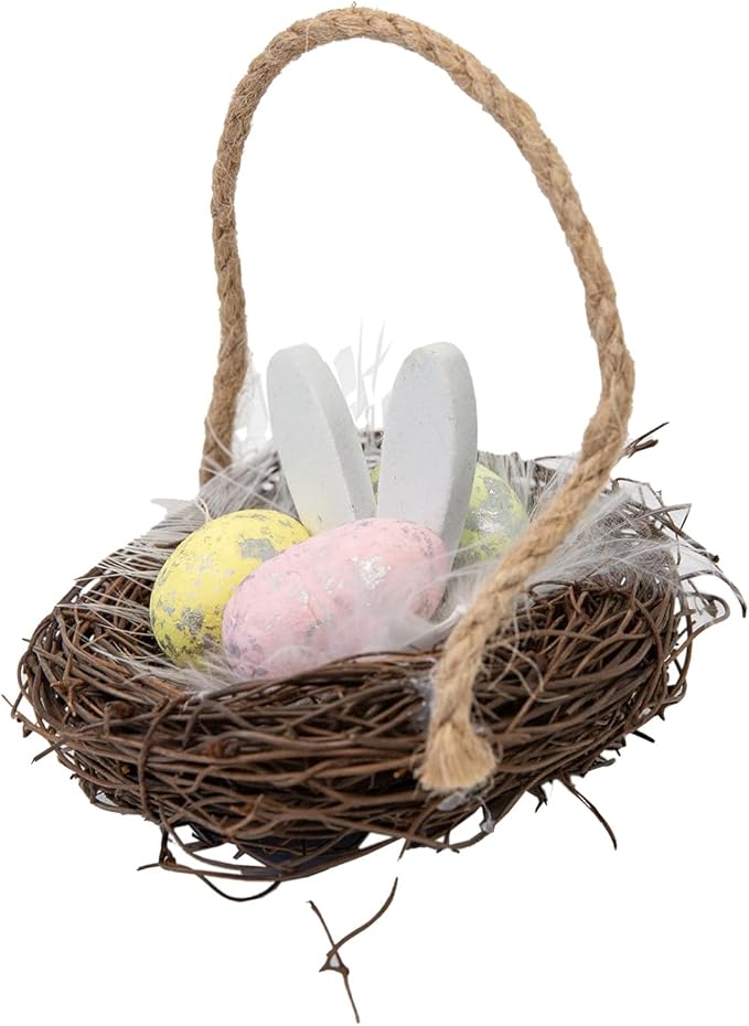 Berfutall-Easter Bunny Basket Decoration with Flowers, Woven Jute Basket with Handle, Spring Decor with Pastel Eggs(3D)
