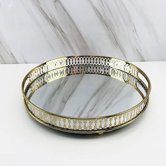 Mirrored Vanity Tray Gold Metal Perfume&Makeup Organizer Vintage Jewelry Display Storage Elegant Table Centerpiece Decorative for Dresser,Bedroom,Home Decor (Round)