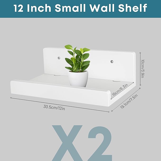 Floating Wall Shelves Set of 2, 12-Inch Solid Wood Shelves with Cable Holes, Small Display Shelf for Router, Webcam, Smart Speaker, Camera – White