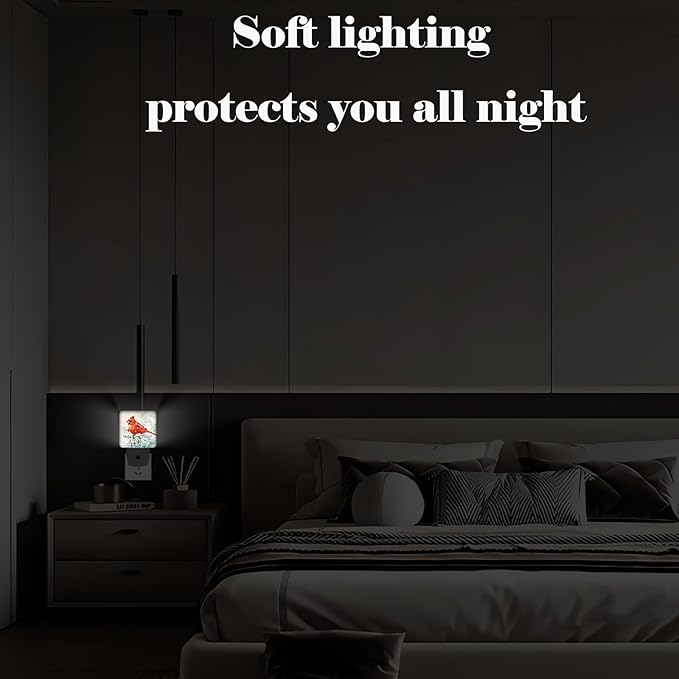 Winter Cardinal Bird Night Light,Plug Into Wall for Boys Girls Bedroom Decorative Square Night Light Lamp 0.5w Sleep Friendly