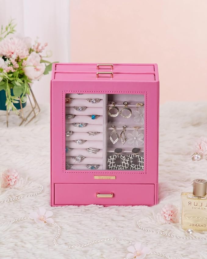Homde Mothers Day Gifts Jewelry Organizer Girls Women Jewelry Box for Necklaces Rings Earrings Gift Bracelets Storage Case(Pink + Gold)