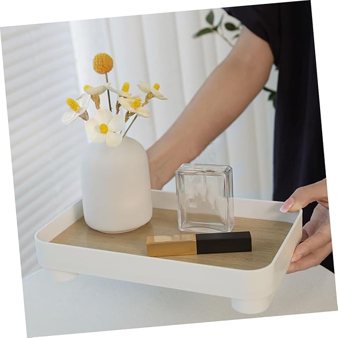 Wooden Bathroom Tray Organizer Decorative Vanity Counter Holder for Makeup Perfume and Skincare Farmhouse Style Desk Decoration