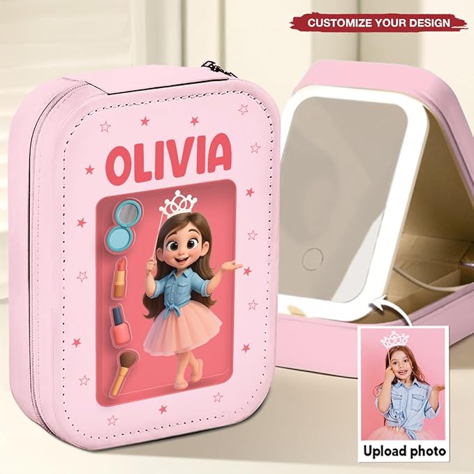 Wrappiness Women & Girls Floral Makeup Box With LED Mirror - Custom Photo Jewelry Box with LED Mirror, PU Leather Organizer Gift for Girls, Daughters, Granddaughters, Keepsake from Mom or Grandma