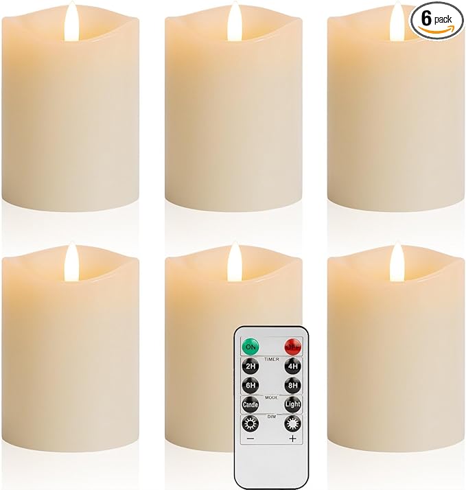 3x4 Inch Battery Operated Candles with Remote, Flickering Flameless Candles with Timer, Real Wax LED Candles for Lanterns Fireplace Dinner Table Centerpieces, Set of 6