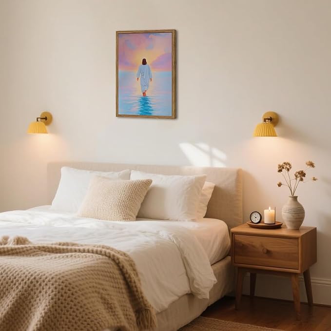 Pink Jesus Walking On Water Wall Art Painting Pink Christian Girl Wall Decor 3D Textured Sandstone Religious Artwork for Living Prayer Room Bedroom 16x24 inch Wood Framed