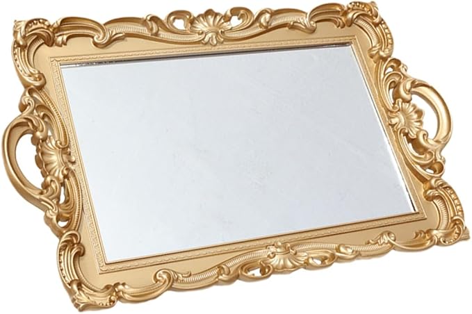Vintage Mirror Tray for Perfume and Jewelry, Decorative Dressing Table Makeup Tray with Glass Mirror Plate, Elegant Dresser Organizer for Home Décor and Cosmetic Display