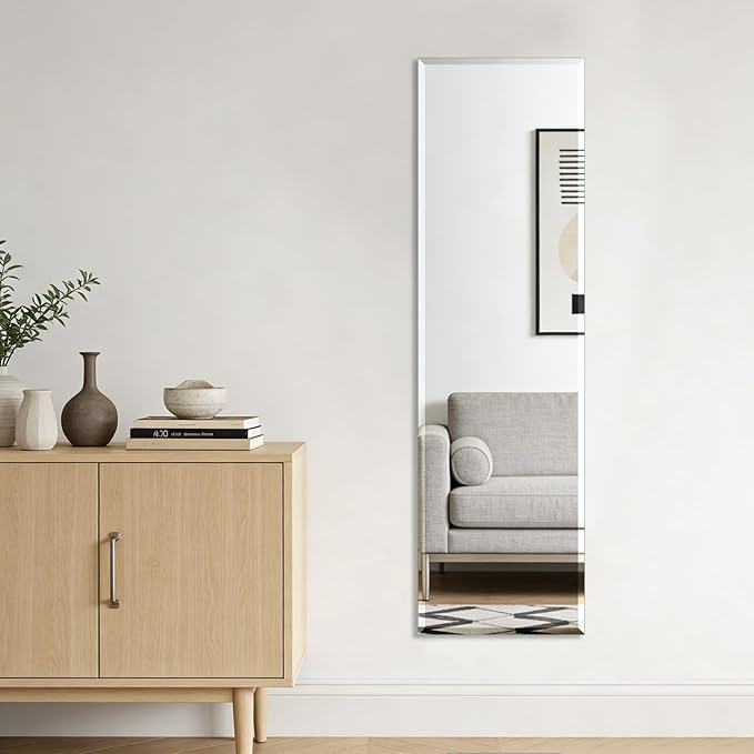 Ruomeng Frameless Full Length Mirror for Wall, 55x16 Inch Bathroom Vanity Mirror Farmhouse, Large Rectangle Mirror with Beveled Edge, Tempered Glass, Hangs Horizontally or Vertically