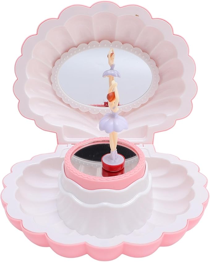 Ballet Jewelry Box with Music Dancing Ballerina Jewelry Organizer with Makeup Mirror for Girls Kids Birthday Retro Design (Pink)
