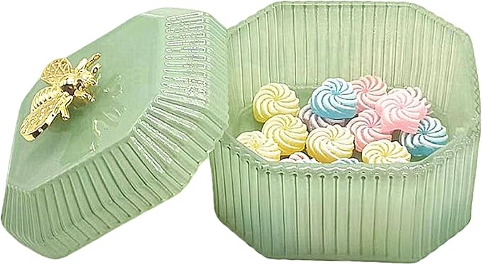 Cute Glass Candy Box - Glass Jar with Lids for Storage Candy Cookie, Vintage Candy Jar Candy Dish for Office Desk Buffet,3.34x3.34x2.68 H IN-GRB020-Green