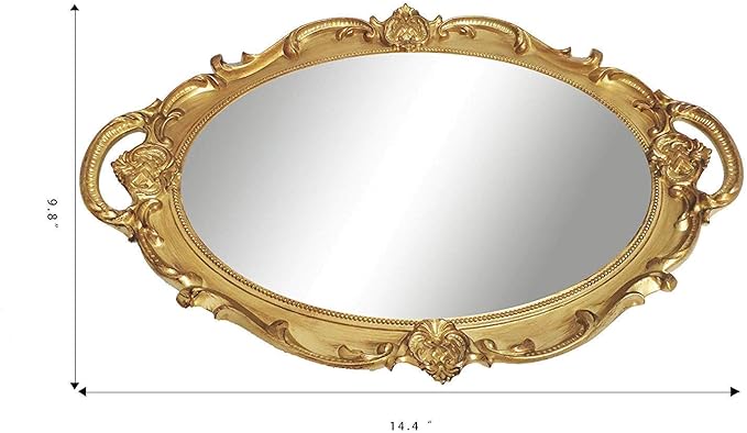 Oval Decorative Mirror Tray, French Style, Makeup Organizer, Jewelry Organizer, Serving Tray, 9.8"x 14.6", Gold
