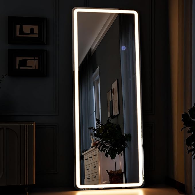GLSLAND LED Full Length Mirror 60"x16" Floor Mirror with Stand, Wall Mounted Hanging Free Standing Full Body Mirror with Lights for Bedroom Living Room, White