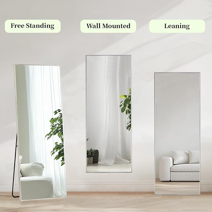 Sunniry Full Length Mirror, Stand Up Mirror with Aluminum Metal Frame, Standing Mirrors for Bedroom, Livingroom, Bathroom, Hallway, Cloakroom, Wedding. (56x16 inch, Silver)