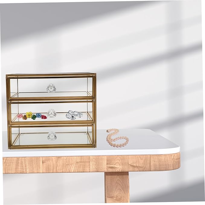 3-Tier Drawer Jewelry Storage Box Glass Organizer Alloy Frame for Necklaces Bracelets Earrings and Cosmetics for Home or Travel