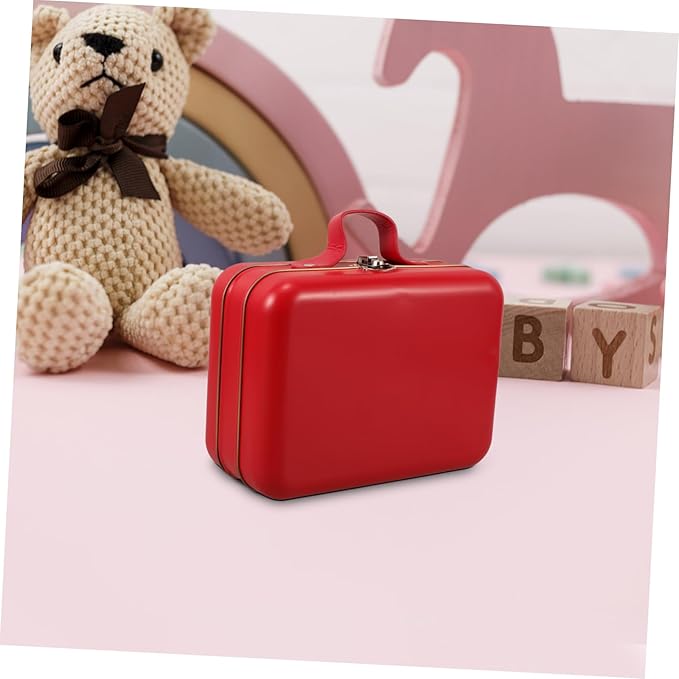 ULTECHNOVO Mini Suitcase Storage Box Compact Iron Handheld Container for Toys Makeup and Jewelry for Travel Boys and Girls and Home Organization Red