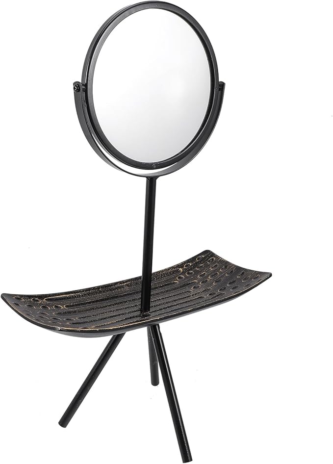 Vanity Mirror with Jewelry Tray, Tabletop Makeup Mirror for Bedroom, European Style Black Rectangular Rotating Cosmetic Organizer Tray for Women