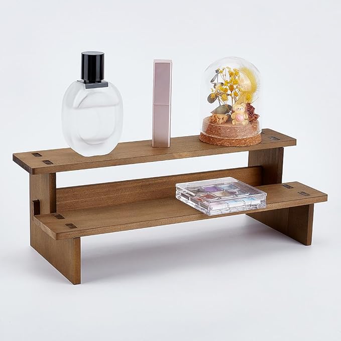 NBEADS 2-Tier Wooden Display Riser Shelf, 4.69x11.65x3.78 Inch Camel Tabletop Small Food Stand Risers Display Makeup Step Perfume Organizer for Fragrance Cosmetics Figure Collection