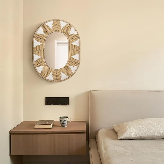 Briful Bohomain Wall Mirror Oval Decorative Mirror Seagrass Wall-Mounted Mirror Farmhouse Home Décor, Hanging Wall Art for Living Room Bedroom Dining Room, Size-16.54''x12.6''