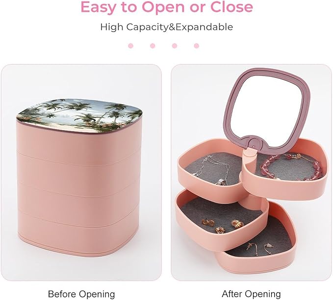 Tropical Palm Trees Jewelry Box 360°Rotating Storage Boxes Small Travel Earring Organizer with 4-Layers Rotatable Jewelry Storage Organizer for Ring Necklaces Makeup
