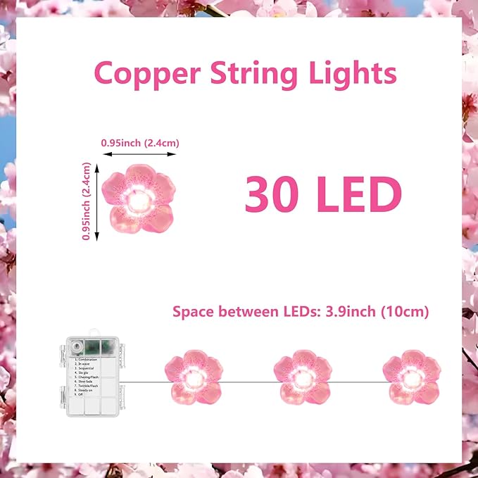 Cherry Blossom Decor Flower String Lights Vines with Fairy Lights Christmas, 30 LED Copper with Remote Control Battery Operated Pink Flower Garland Leaf for Locker,Bedroom, Wall,Christmas Decorations
