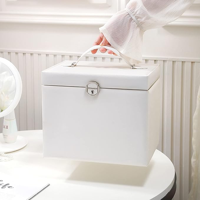 Makeup Organizers PU Leather Travel Jewelry Boxes 6 Tier Jewelry Storage Case with Lock & Mirror Large Capacity Craft containers for Rings, Necklaces, Earrings, Bracelets Jewelry Case ( Color : White