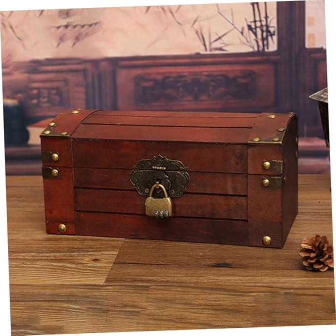 Veemoon Decorative Box Vintage Wooden Treasure Chest Storage Box with Lock Jewelry Case Makeup Storage Organizer Desktop Sundries Container Photo Prop for Home Bathroom Office Keepsake es