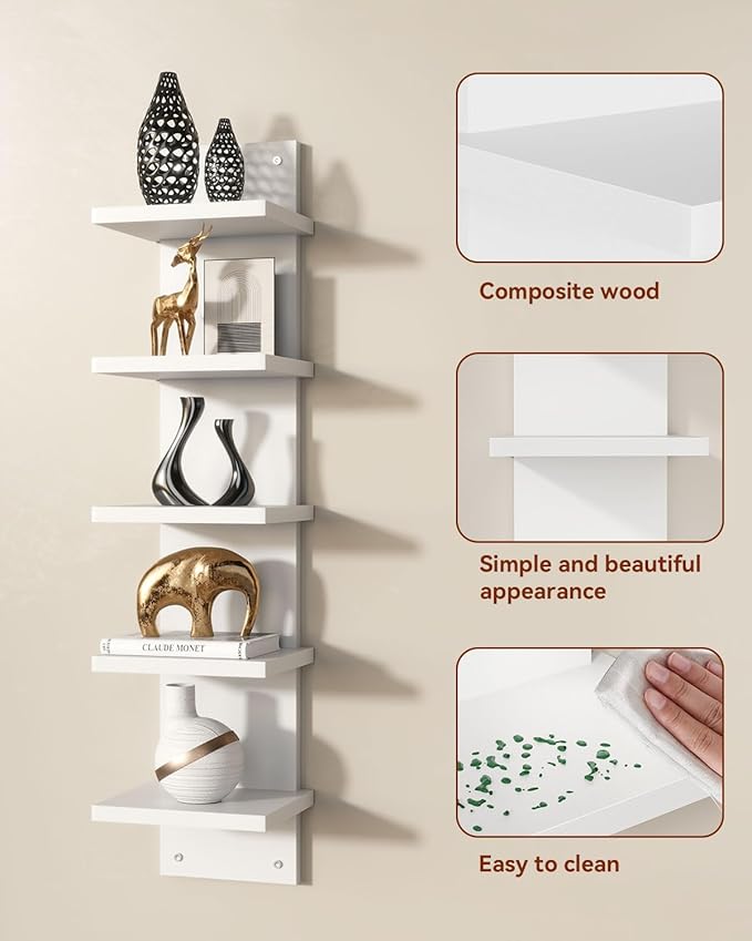 IBUYKE 5-Tier Modern Wall-Mounted Shelf, White Vertical Shelf, Floating Storage, Organizer, Tall Tower Design, Decorative Wall Mount Shelving for Home, Bedroom, Living Room, Office Decor WBC009W-2