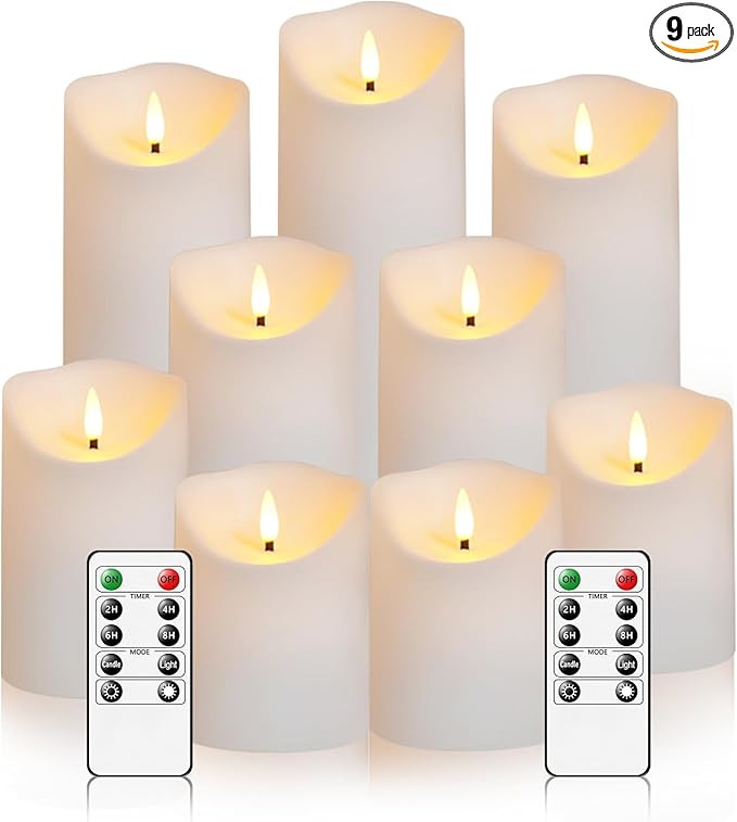 Nimiko Flameless Candles with Remote, Battery Operated Flickering Flameless Candles, LED Candles with Timer 2/4/6/8H, with Realistic LED Candles Set of 9 (D3 x H 3" 4" 5" 6" 7") (White)