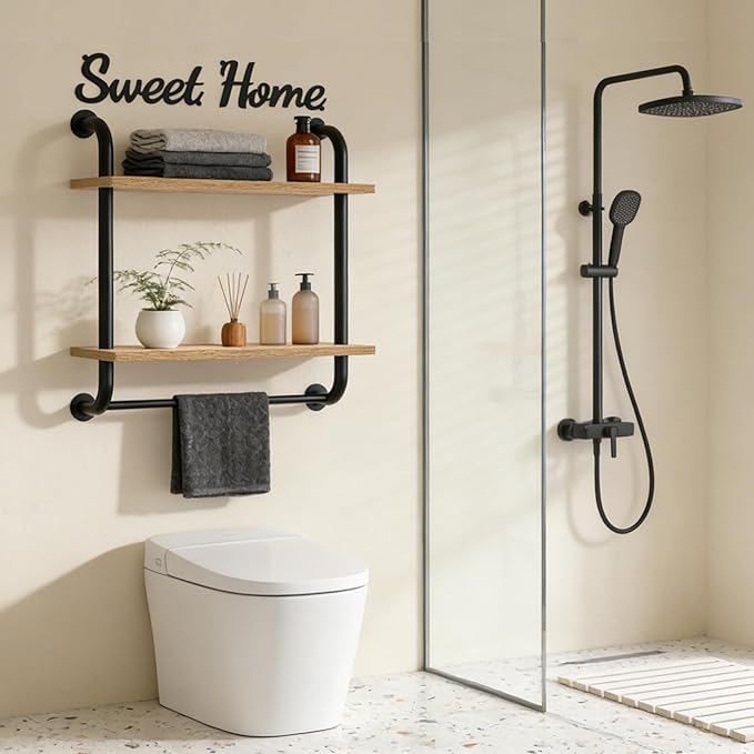 Tinpin Bathroom Shelves Wall Mounted, Rustic Farmhouse Pipe Shelves, 2-Tier, Industrial Shelving Over Toilet, Floating Shelf Decor for Bathroom, Kitchen, Bedroom, Living Room 17.3 inch
