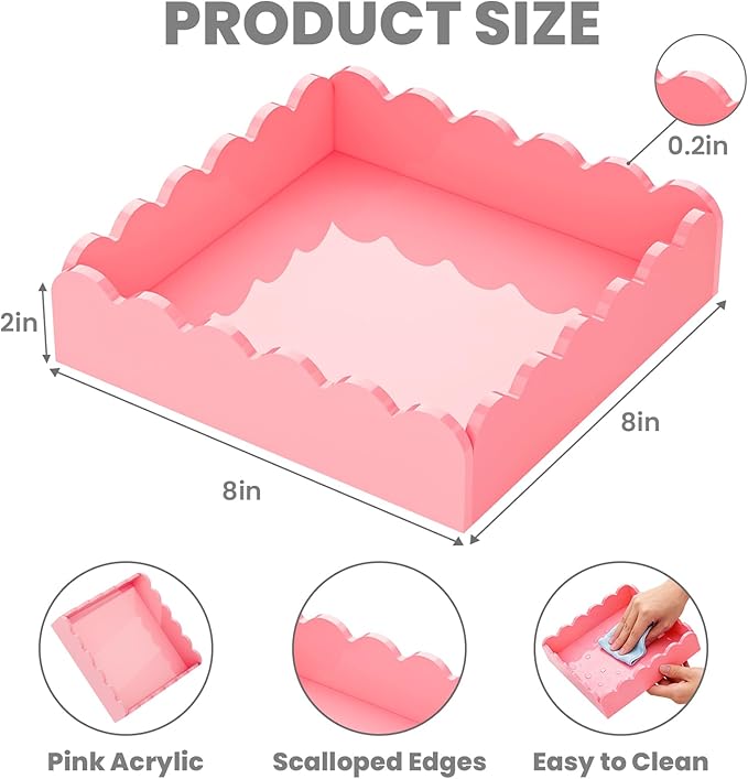 Acrylic Tray, Scalloped Glossy Pink Acrylic Decorative Tray for Home Decor, 8x8 Inch Acrylic Organizer Tray for Vanity Countertop Makeup Skincare Square Acrylic Storage Tray (Square Pink)