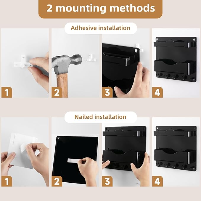 JUMEIHUI Bedside Wall Shelf with Glasses Hooks ，Adhesive Bedside Organizer Wall Mount for Dorm and Room Accessories Phone，Remote，Earphone， Kindle (Black)
