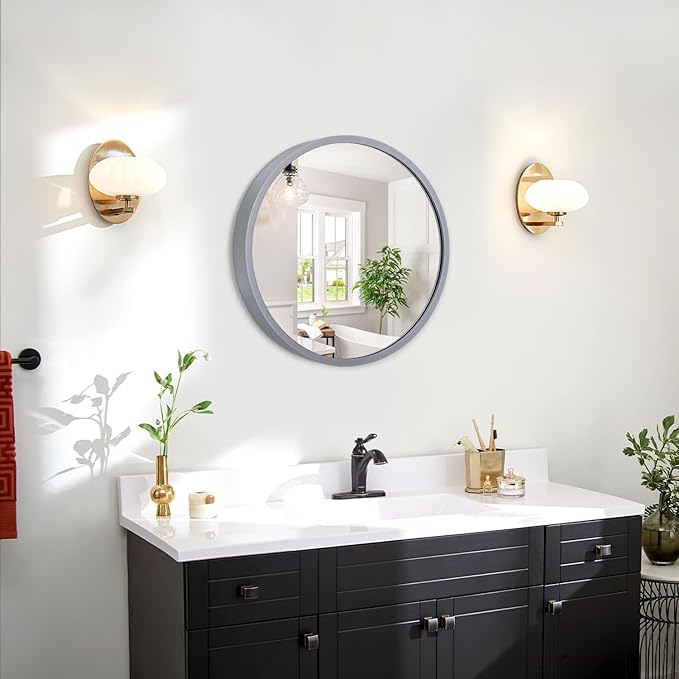 JJUUYOU Wall Round Mirror Wall Mounted Circle Mirrors, Gray Metal Aluminum Alloy Frame Mirror for Bathroom Vanity, Bedroom Home Decor Mirros