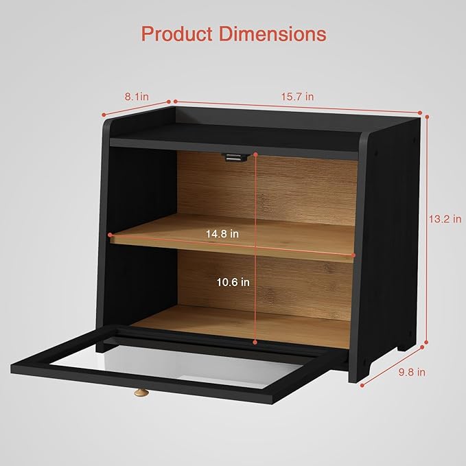 Goozii Double Layer Bread Box for Kitchen Countertop, Large Bread Storage Container for Counter Top, 2 Tier Wood Farmhouse Vintage Breadbox for Homemade Bread, Corner, Cabinet, Pantry (Black)