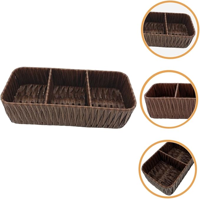 Vintage Woven Storage Box Organizer 3 Compartments Imitated Rattan Design Decorative Tabletop Sundries Basket for Home Office and Craft Supplies