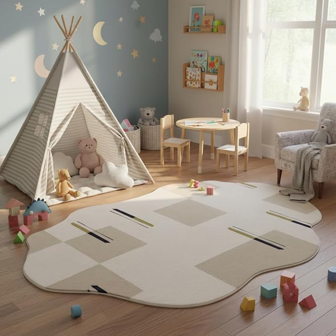 Modern Irregular Shaped Area Rug Cream Beige Abstract Shaped Rug for Living Room Bedroom Diningroom Non Slip Washable Unique Designer Rug Minimalist Boho Meetingroom Home Office Foldable Carpet 10x16