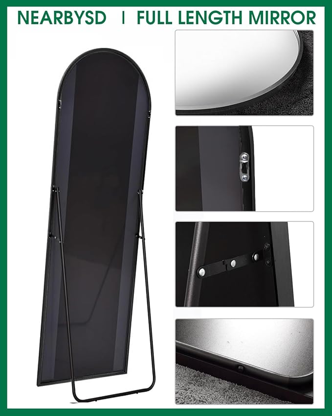 NEARBYSD 58"x18" Arched Full Length Mirror, Floor Mirror With Stand, Freestanding,Wall Mounted Hanging or Leaning Arched-Top Full Body Mirror for Bedroom, Dressing Room -Black