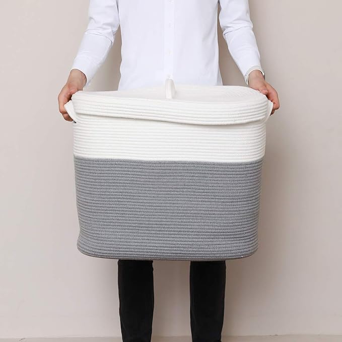 22”x14”x18” Rectangular Extra Large Storage Basket with Lid, Cotton Rope Storage Baskets, Laundry Hamper, Cloth Bin, for Clothes Blankets Storage in Living Room, Grey Basket with Lid