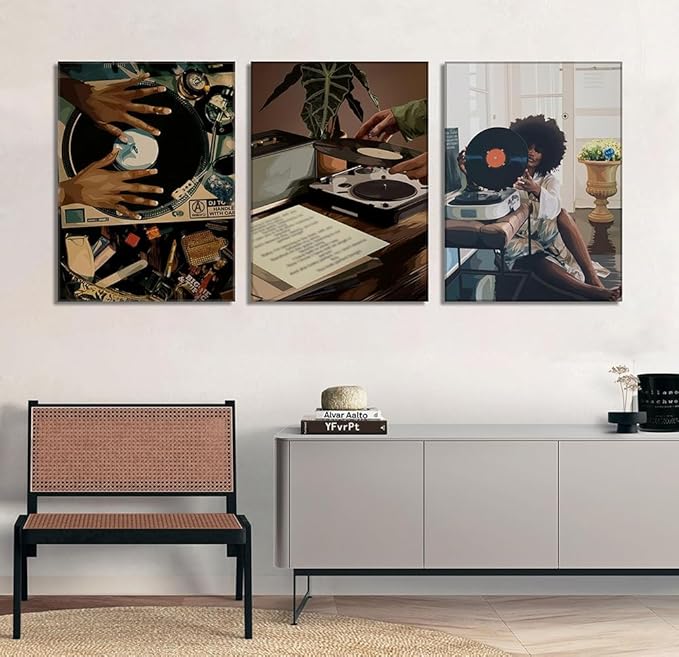 YFvrPt Black Girl Wall Art Decor Modern Black Woman Painting Prints, Set of 3 African American Music Record Player Poster Canvas Artwork for Bedroom Living Room 16x24 inch Framed