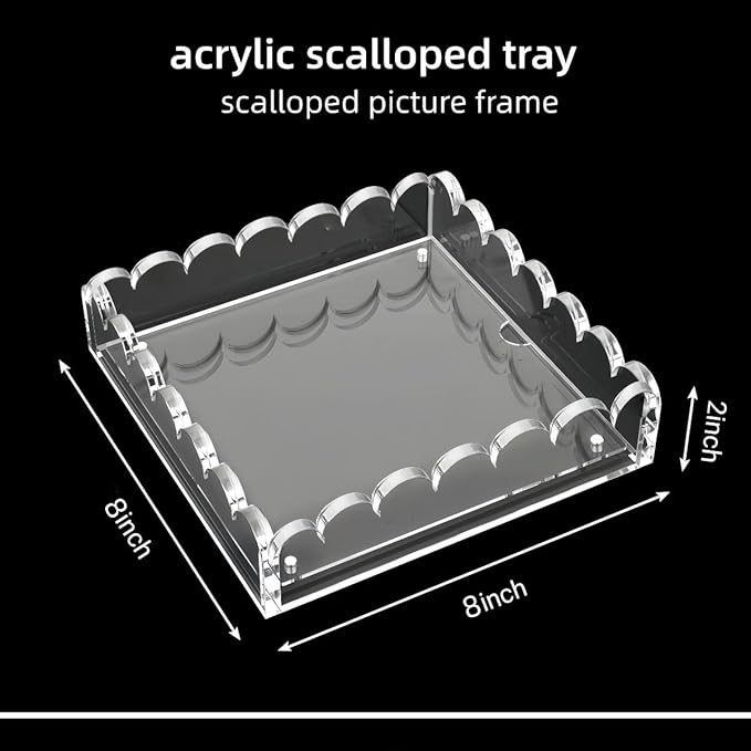 Scalloped Acrylic Tray with Magnetic Mat - 8x8in Clear Display & Organizer Tray, Art & Notes | Non-Slip Base | Elegant Décor & Organizer for Jewelry/Cosmetics，Modern Desk Décor Gift