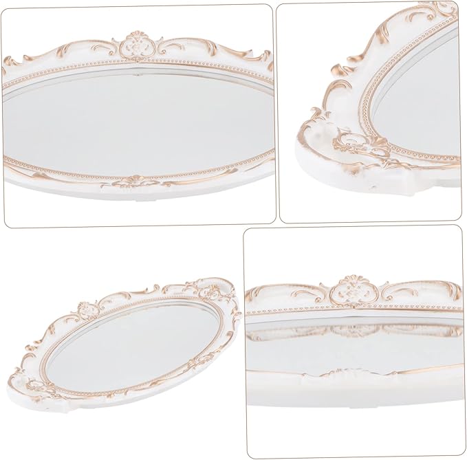 PRETYZOOM Oval Decorative Mirror Tray Vintage Decorative Jewelry Organizer for Makeup and Photo Props Elegant French Style Design for Home and Special Events