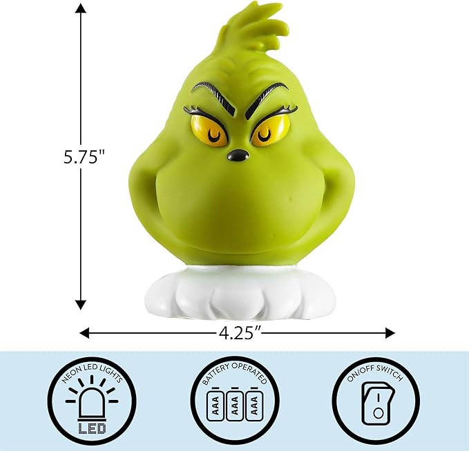 Grinch Dr.Seuss Squishy Night Light 6" Soft LED Mood Lamp for Christmas Decor, Kids Bedrooms, Collectors & Gift Giving