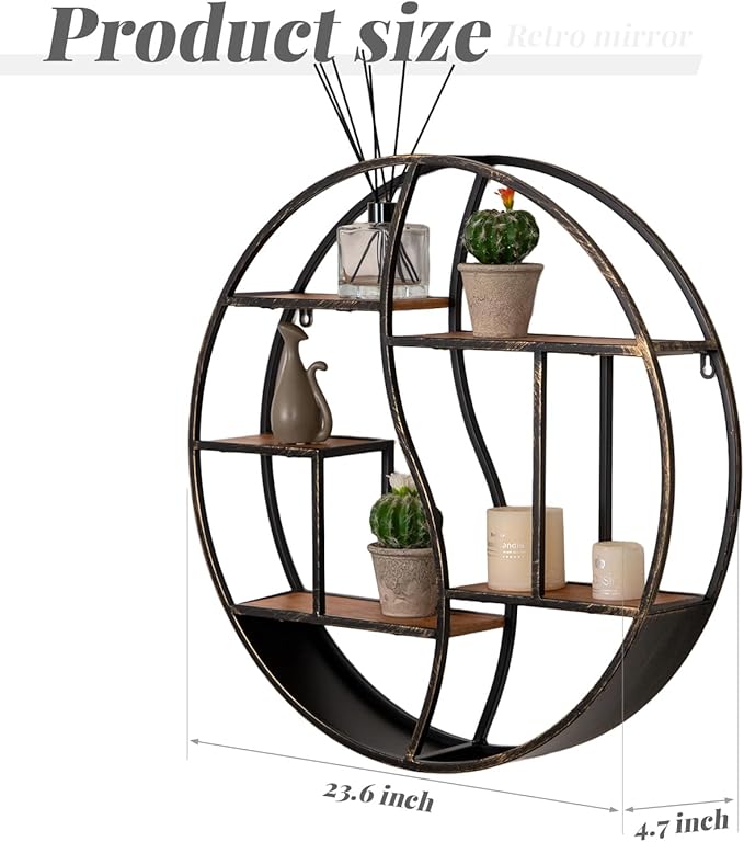 Round Wall Shelf,24 inch Metal Circle Shelf Wood Floating Shelves,Rustic Retro Wall Mounted Display Organizer Shelf for Fireplace,Living Room,Bathroom