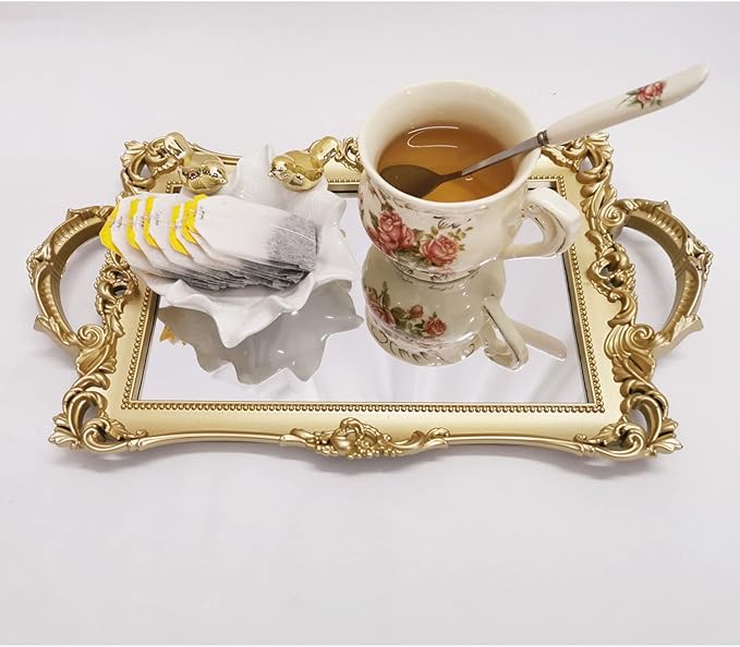 Small Rectangle Decorative Mirror Tray, French Style, Makeup Organizer, Jewelry Organizer, Serving Tray, 13"x 7.8", Gold