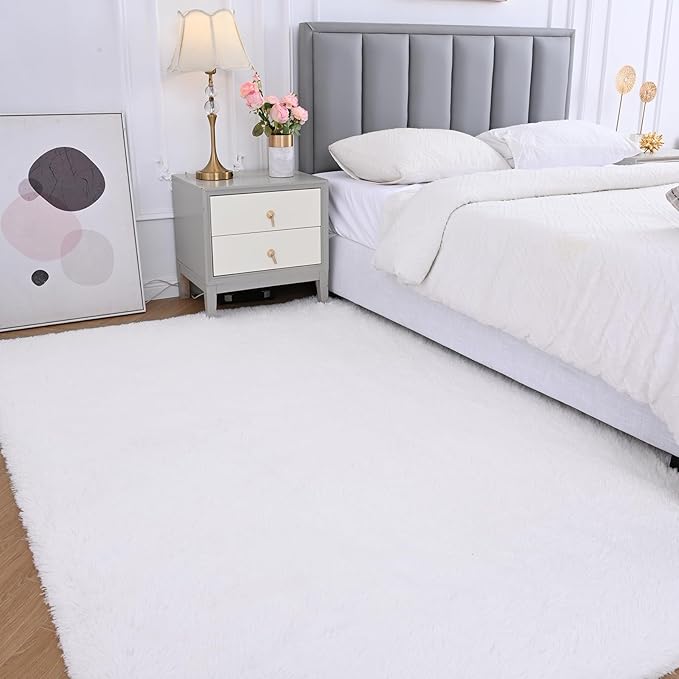 Fluffy Area Rug for Bedroom: White Plush Soft Bedside Dorm Area Rug - Small Carpets for Bedroom Kids Room Nursery (White, 3x5Feet)