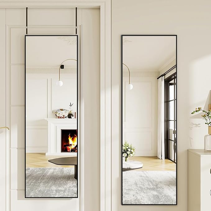 Door Mirror, Over The Door Full Length Mirror, 50"x16" Hanging Mirrors, for Bedroom, Living Room, Entryway, Dorm, Black