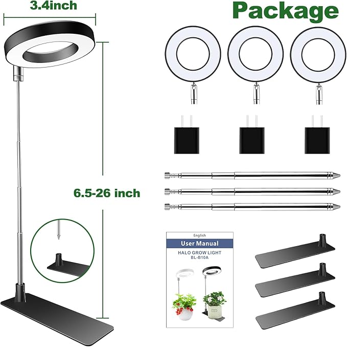 Aokrean Plant Grow Light, 48 LEDs Full Spectrum Grow Lights for Indoor Plants, Height Adjustable Small Halo Grow Light with Base, 3 Optional Spectrums, Auto Timer 3/9/12Hrs, 10 Brightness, 3 Pack