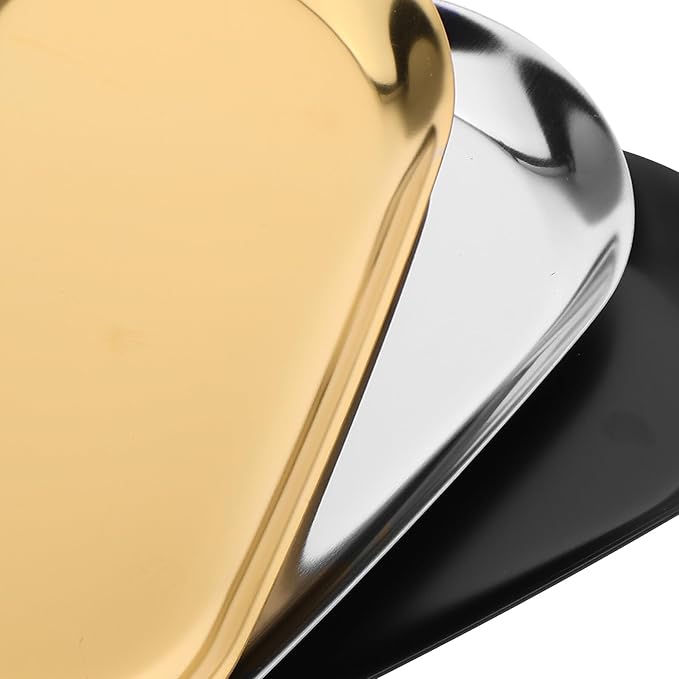 3pcs Stainless Steel Oval Jewelry Tray and Snack Storage Plate Set, 18cm Thickened Vanity Organizer for Makeup, Cosmetics, and Home Decor in Silver, Black, and Gold