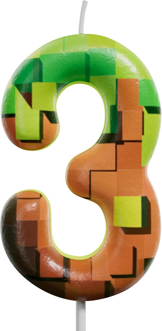 Pixel Miner Number Candle for Birthday Cake - 2.7 Inch Video Game Themed Party Decoration, Dynamite Style Cake Topper for Boys Girls Kids Anniversary Supplies(Retro Art, 3)
