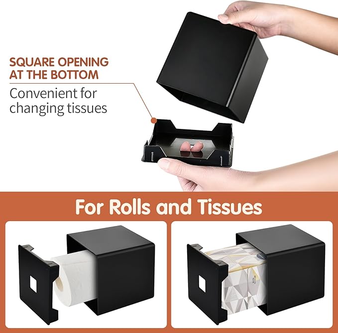 Y-in Hand Tissue Box Cover, Square Facial Tissue Holder Storage for Bathroom Vanity, Countertops, Dressers, Night Stand, Parlors and Offices - Black