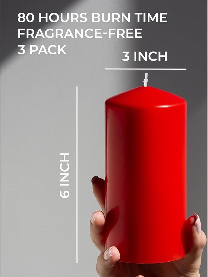 CANDWAX 3x6 Inch Red Pillar Candles Set of 3 - Unscented Christmas Pillars - 80-Hour Burn Time Self-Extinguishing Long Lasting Cone-Top Red Candles for Home Decor